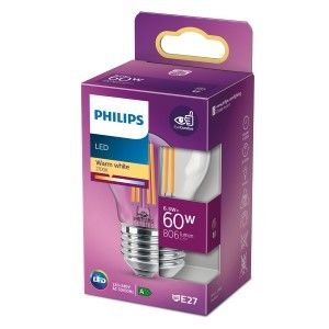 Philips LED kogel E27 6,5-60W 2700K filament helder blister