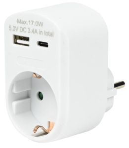USB + USB-C lader met randaarde adapter 17W wit