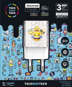 USB lader 2 x USB wit Emoticons print