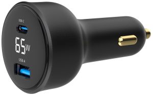 USB + USB-C autolader 65W zwart + status LCD