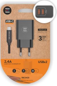 USB lader 2x USB + USB-C kabel 1m zwart