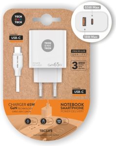USB + USB-C snellader 65W PD wit + USB-C kabel 1,2m