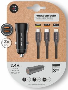 USB autolader dubbel 12V-24V + multi USB kabel