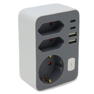 Stekkeradapter multi +USB +USB-C wit/grijs