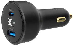 USB + USB-C autolader 30W zwart + status LCD