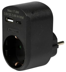 USB + USB-C lader met randaarde adapter 17W zwart