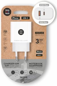 USB + USB-C snellader 65W PD wit