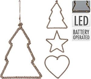 Jute hang deco ster/boom/hart assorti 25cm LED
