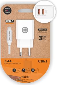 USB lader 2x USB + USB-C kabel 1m wit