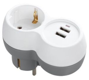 Stekkeradapter + 2x USB horizontaal wit/grijs