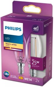 Philips LED kaars E14 2-25W 2700K filament helder blister(2)