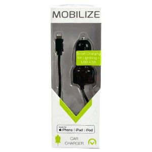 USB autolader DUAL 4800mA + lightning kabel zwart 1m