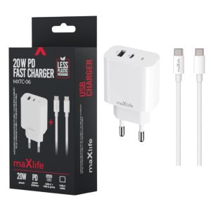 USB + USB-C snellader 20W wit + USB-C kabel 1m