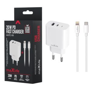 USB + USB-C snellader 20W wit + Lightning kabel 1m