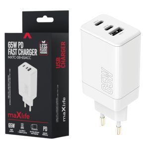 USB + 2x USB-C snellader 65W wit