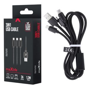 USB - kabel 3in1 USB-C + Lightning + Micro USB zwart