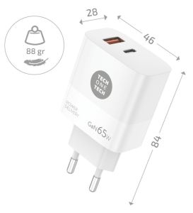 USB + USB-C snellader 65W PD wit + USB-C kabel 1,2m - Afbeelding 2
