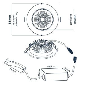 LED inbouwspot 5W 2700K 85mm 60gr rond verstelbaar wit - Afbeelding 4