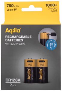 Aqiila USB-C oplaadbare batterij CR123A 750mA blister(2)