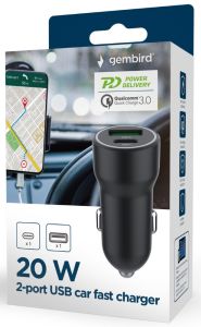USB + USB-C autolader 20W zwart - Afbeelding 2