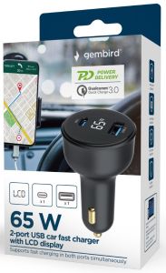 USB + USB-C autolader 65W zwart + status LCD - Afbeelding 2