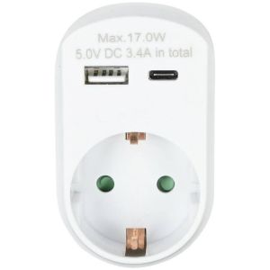 USB + USB-C lader met randaarde adapter 17W wit - Afbeelding 3