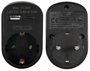 USB + USB-C lader met randaarde adapter 17W zwart - Afbeelding 3